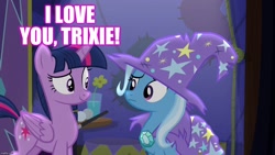 Size: 1280x720 | Tagged: safe, derpibooru import, edit, edited screencap, screencap, trixie, twilight sparkle, twilight sparkle (alicorn), alicorn, no second prances, cape, caption, clothes, female, hat, image macro, lesbian, shipping, text, trixie's cape, trixie's hat, twixie