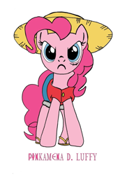 Size: 581x800 | Tagged: safe, pinkie pie, earth pony, pony, female, inverted mouth, mare, monkey d luffy, one piece, pink coat, pink mane