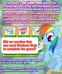 Size: 550x650 | Tagged: safe, fluttershy, pinkie pie, princess celestia, rainbow dash, shining armor, alicorn, earth pony, pegasus, pony, unicorn, crack is cheaper, cracked.com, drama, facts, gameloft, gameloft shenanigans, text, the more you know