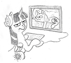 Size: 721x641 | Tagged: safe, artist:t72b, derpibooru exclusive, derpibooru import, trixie, twilight sparkle, twilight sparkle (alicorn), alicorn, pony, computer, inconvenient trixie, monochrome, newbie artist training grounds, traditional art, woonoggles