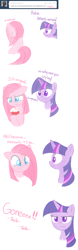 Size: 660x2128 | Tagged: safe, artist:bambooharvester, pinkie pie, twilight sparkle, earth pony, pony, ask, crying, cupcake, pinkie pie replies, sad, tumblr, unamused