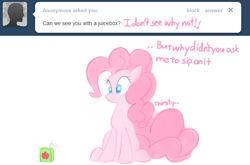 Size: 655x433 | Tagged: safe, artist:bambooharvester, pinkie pie, earth pony, pony, ask, juice box, pinkie pie replies, solo, tumblr