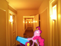 Size: 1600x1200 | Tagged: safe, artist:bjtmugen, pinkie pie, pony, door, hallway, irl, party cannon, photo, ponies in real life, vector