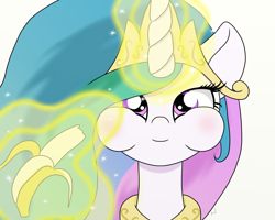 Size: 1024x819 | Tagged: safe, artist:arcuswind, princess celestia, alicorn, pony, banana, cute, cutelestia, eating, magic, nom, puffy cheeks, solo