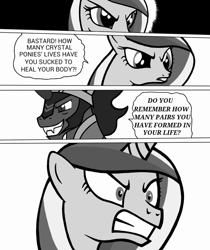 Size: 1024x1219 | Tagged: safe, artist:blondenobody, king sombra, princess cadance, alicorn, pony, unicorn, angry, comic, dio brando, grayscale, jojo's bizarre adventure, monochrome, william zeppeli