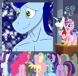 Size: 1024x1000 | Tagged: safe, amethyst star, coco crusoe, dizzy twister, doctor whooves, fluttershy, lyra heartstrings, mjölna, orange swirl, pinkie pie, princess cadance, rarity, sea swirl, seafoam, shining armor, silver spanner, soarin', sparkler, twilight sparkle, anthro, bare chest, clothes, exploitable meme, meme, topless, wedding video projector meme