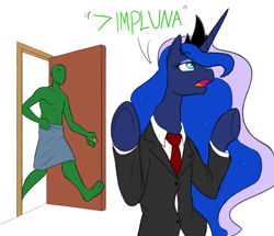 Size: 1448x1246 | Tagged: safe, artist:mistermech, color edit, edit, princess luna, oc, oc:anon, human, clothes, colored, implying, suit