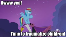 Size: 960x540 | Tagged: safe, edit, edited screencap, screencap, rainbow dash, pegasus, pony, sleepless in ponyville, hub logo, image macro, scare, solo