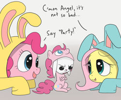 Size: 1150x950 | Tagged: safe, artist:spicyhamsandwich, angel bunny, fluttershy, pinkie pie, earth pony, pegasus, pony, bunny costume, bunnyshy, clothes, costume, female, flutterpie, lesbian, pinkie costume, pony costume, shipping