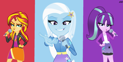 Size: 1544x782 | Tagged: safe, artist:evaneon, derpibooru import, adagio dazzle, aria blaze, sonata dusk, starlight glimmer, sunset shimmer, trixie, equestria girls, rainbow rocks, alternate universe, counterparts, magical trio, the dazzlings, twilight's counterparts