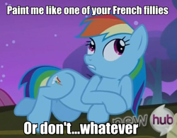 Size: 644x503 | Tagged: safe, edit, edited screencap, screencap, rainbow dash, pegasus, pony, sleepless in ponyville, caption, draw me like one of your french girls, hub logo, image macro, meme, solo