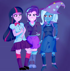 Size: 2698x2744 | Tagged: safe, artist:superiorinfamea, derpibooru import, starlight glimmer, trixie, twilight sparkle, twilight sparkle (alicorn), alicorn, equestria girls, boots, clothes, counterparts, equestria girls-ified, high heel boots, high heels, magical trio, shoes, skirt, socks, twilight's counterparts