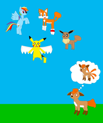 Size: 2348x2820 | Tagged: artist needed, safe, rainbow dash, pegasus, pikachu, pony, crossover, eevee, flying, miles "tails" prower, pokémon, sonic the hedgehog (series), vulpix, wings