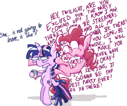 Size: 904x755 | Tagged: safe, pinkie pie, twilight sparkle, earth pony, pony, unicorn, duo, duo female, female, horn, mare, multicolored mane, pink coat, pink mane, purple coat, wall of text