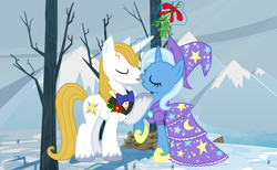 Size: 5168x3192 | Tagged: safe, artist:3d4d, derpibooru import, prince blueblood, trixie, pony, unicorn, bluetrix, christmas, clothes, dress, female, kissing, male, mare, mistletoe, mountain, shipping, snow, straight, tree