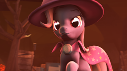 Size: 1920x1080 | Tagged: safe, artist:idups, derpibooru import, trixie, pony, unicorn, 3d, cape, clothes, female, looking at you, mare, sign, solo, source filmmaker, tree, trixie's hat