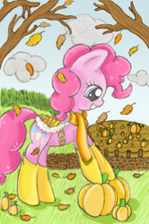 Size: 888x1338 | Tagged: safe, artist:mykittyjasper, pinkie pie, earth pony, pony, autumn, autumn leaves, leaf, leaves, pumpkin, solo