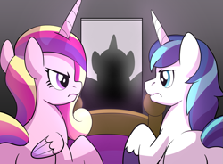 Size: 1155x852 | Tagged: safe, artist:drawponies, princess cadance, shining armor, alicorn, pony, unicorn, bed, bedroom, card design, doorway, fillycon, frustrated, frustration, plot, silhouette