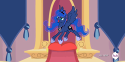 Size: 898x449 | Tagged: safe, artist:kp-shadowsquirrel, princess luna, alicorn, pony, fake screencap, happy, laughing, solo, spread wings, the hub, throne