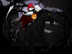 Size: 2150x1600 | Tagged: safe, artist:up1ter, oc, oc only, oc:air raid, anthro, dullahan, horse, anthro oc, clothes, crossed legs, eyeshadow, garters, halloween, high heels, holiday, jack-o-lantern, looking at you, makeup, pumpkin, rule 63, scythe, shoes, socks, solo, stockings, thigh highs