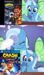Size: 607x1024 | Tagged: safe, derpibooru import, trixie, unicorn, coco bandicoot, crash bandicoot, crash bandicoot 4: it's about time, crash bandicoot: the wrath of cortex, doctor neo cortex, exploitable meme, playstation 2, playstation 4, trixie fixing meme, video game