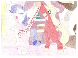 Size: 900x674 | Tagged: safe, artist:wjmmovieman, applejack, rarity, earth pony, pony, unicorn, applejerk, bipedal, butt flap, clothes, crying, female, frilly underwear, mare, pajamas, panties, traditional art, underwear, wedgie