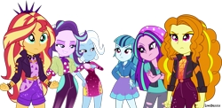 Size: 6161x3000 | Tagged: safe, artist:limedazzle, derpibooru import, adagio dazzle, aria blaze, sonata dusk, starlight glimmer, sunset shimmer, trixie, equestria girls, absurd resolution, beanie, clothes, clothes swap, counterparts, group, hat, jacket, pants, role reversal, simple background, skirt, the dazzlings, torn clothes, transparent background, trio, twilight's counterparts, vector
