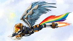 Size: 4105x2326 | Tagged: safe, artist:steptrool, rainbow dash, pegasus, pony, blue coat, female, flying, jets, mare, multicolored mane, solo