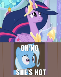 Size: 500x625 | Tagged: safe, derpibooru import, edit, edited screencap, screencap, princess twilight 2.0, trixie, twilight sparkle, twilight sparkle (alicorn), alicorn, pony, unicorn, the last problem, caption, female, image macro, lesbian, meme, oh no he's hot, oh no she's hot, older, older twilight, shipping, shipping domino, spongebob squarepants, squilliam returns, text, trixie yells at everything, twixie