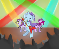 Size: 5005x4225 | Tagged: safe, artist:cutepencilcase, derpibooru import, fuchsia blush, lavender lace, trixie, pony, equestria girls, rainbow rocks, absurd resolution, background human, bipedal, equestria girls ponified, female, flying v, guitar, ponified, stage, trixie and the illusions