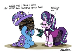 Size: 1024x721 | Tagged: safe, artist:bobthedalek, derpibooru import, starlight glimmer, trixie, unicorn, assistant, assistant's outfit, atg 2020, box, chains, clothes, drill, fail, female, lock, magic, magic show, magic trick, mare, newbie artist training grounds, padlock, power drill, rope, starlight is not amused, this will end in tears, this will not end well, unamused