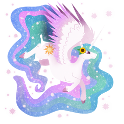 Size: 900x900 | Tagged: safe, artist:keetah-spacecat, princess celestia, alicorn, pony, abstract background, female, flower in hair, flying, mare, simple background, solo, spread wings, sunflower, transparent background, wings