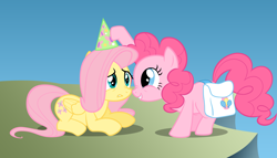 Size: 3500x2000 | Tagged: safe, artist:pokerface3699, fluttershy, pinkie pie, earth pony, pegasus, pony, hat, party hat, saddle bag, vector