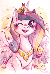 Size: 467x694 | Tagged: safe, artist:mi-eau, edit, princess cadance, alicorn, pony, blushing, bust, cute, cutedance, female, looking at you, mare, open mouth, portrait, smiling, solo, spread wings, traditional art, wink