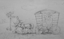 Size: 1000x603 | Tagged: safe, artist:28gooddays, derpibooru import, trixie, bird, pony, unicorn, bucket, clothes, cute, eyes closed, female, hat, mare, monochrome, tabun art-battle, tired, traditional art, trixie's hat, trixie's wagon