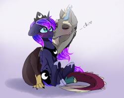 Size: 1600x1269 | Tagged: safe, artist:elementalokami, discord, princess luna, alicorn, pony, blushing, kissing, lunacord, male, shipping, straight