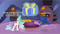 Size: 960x540 | Tagged: safe, princess celestia, princess luna, alicorn, pony, birthday, crown, female, horn, jewelry, mare, present, regalia, siblings, sisters