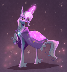 Size: 1293x1396 | Tagged: safe, artist:iheyyasyfox, derpibooru import, trixie, pony, unicorn, abstract background, female, glowing horn, horn, looking at you, magic, mare, raised hoof, raised leg, smiling, solo