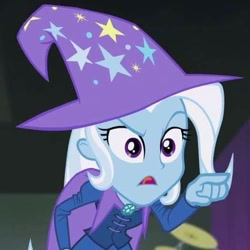 Size: 524x524 | Tagged: safe, derpibooru import, trixie, equestria girls, blue skin, clothes, female, hat, solo, trixie's hat, white hair