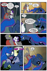 Size: 841x1280 | Tagged: safe, artist:testostepone, princess luna, rarity, rover, alicorn, diamond dog, pony, spider, unicorn, best pony, comic, parody, spider-man, xk-class end-of-the-world scenario