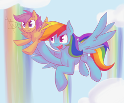 Size: 2950x2450 | Tagged: safe, artist:blackswhites, rainbow dash, scootaloo, pegasus, pony, sleepless in ponyville, duo, female, filly, flying, mare, open mouth, scene interpretation, scootalove, spread wings, wing fluff, wings, winsome falls