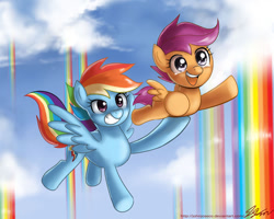 Size: 1100x880 | Tagged: safe, artist:johnjoseco, rainbow dash, scootaloo, pegasus, pony, sleepless in ponyville, carrying, cute, cutealoo, dashabetes, duo, female, filly, flying, foal, grin, happy, mare, open mouth, rainbow waterfall, scene interpretation, scootaloo can fly, scootalove, smiling, tears of joy
