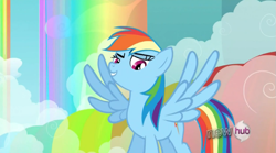 Size: 761x423 | Tagged: safe, screencap, rainbow dash, pegasus, pony, sleepless in ponyville, hub logo, rainbow, rainbow waterfall, solo, spread wings, wings