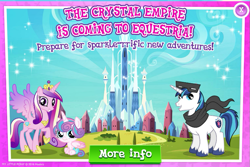 Size: 803x538 | Tagged: safe, screencap, princess cadance, princess flurry heart, shining armor, alicorn, pony, unicorn, crystal empire, gameloft, official