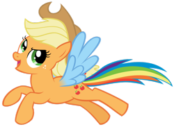 Size: 900x659 | Tagged: safe, artist:blmn564, applejack, rainbow dash, hybrid, pegasus, pony, fanfic:those blue wings, >:d, fanfic art, flapplejack, galloping, race swap, smiling, smirk