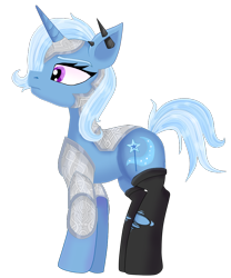 Size: 808x973 | Tagged: safe, artist:evescintilla, derpibooru import, trixie, pony, unicorn, armor, clothes, ear piercing, female, mare, piercing, simple background, stockings, wip