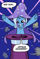 Size: 322x472 | Tagged: safe, artist:pencils, derpibooru import, edit, trixie, pony, cape, clothes, comic, cropped, dialogue, hat, solo, speech bubble, trixie's cape, trixie's hat