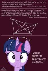 Size: 1020x1500 | Tagged: safe, artist:parclytaxel, princess celestia, twilight sparkle, twilight sparkle (alicorn), alicorn, pony, faic, frown, geometry, magic, math, number theory, olympiad, question, singapore, solo, sparks, text, triangles, tumblr, twitwee