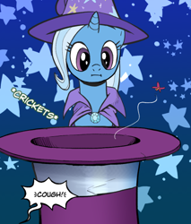 Size: 470x552 | Tagged: safe, artist:pencils, derpibooru import, edit, trixie, pony, unicorn, comic:marble mare manquee, cape, clothes, comic, cropped, hat, onomatopoeia, solo, sound effects, speech bubble, stars, trixie's cape, trixie's hat