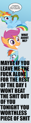 Size: 175x700 | Tagged: safe, rainbow dash, scootaloo, tank, pegasus, pony, scootabuse, text, vulgar